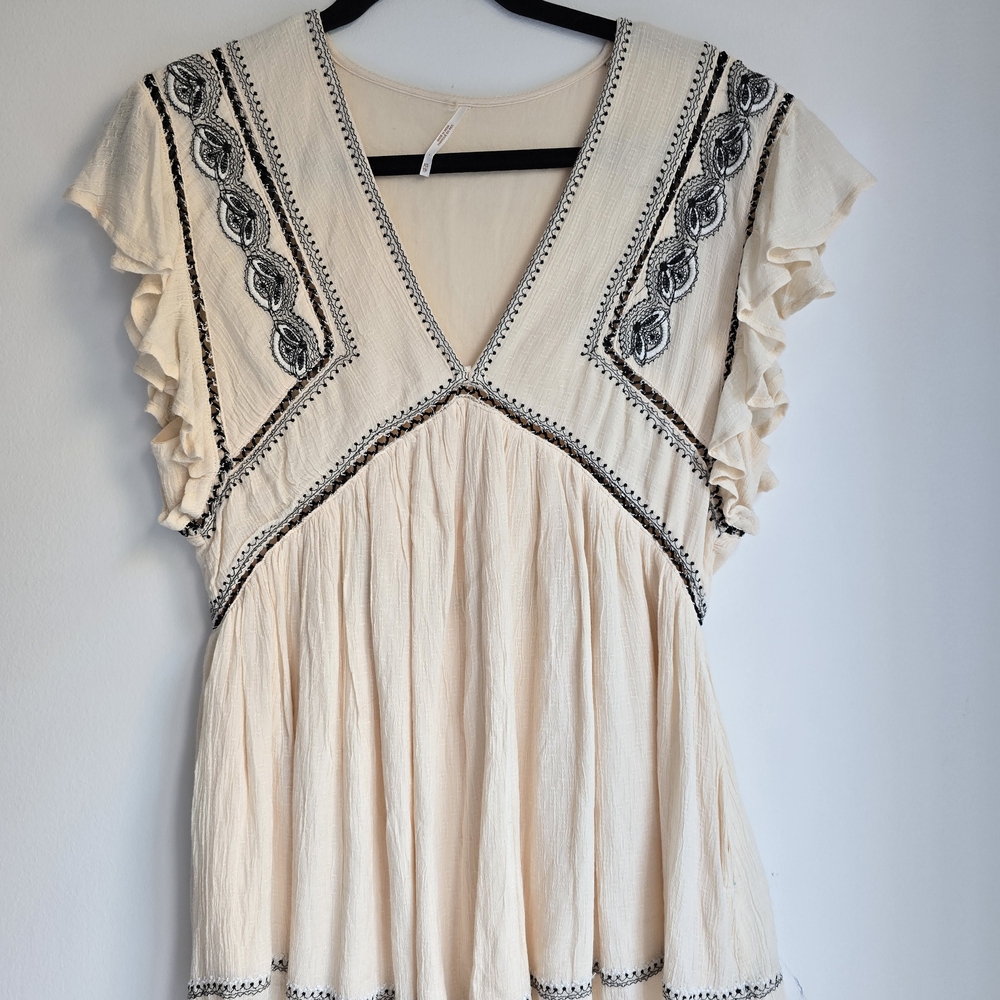 Free People Cream Blouse with Black Embroidery